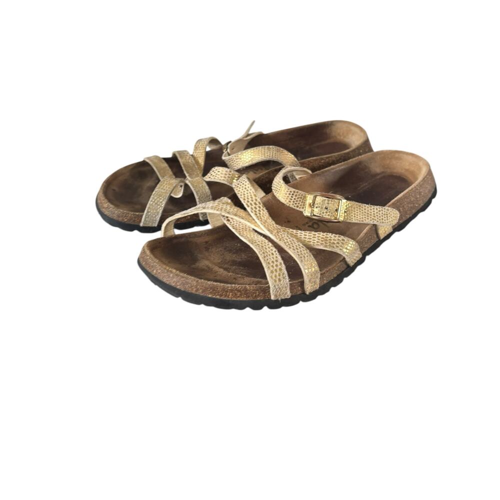Birkenstock Mayari Sandals Gold Snake Print Criss Cross Buckle Size 8 EU 38